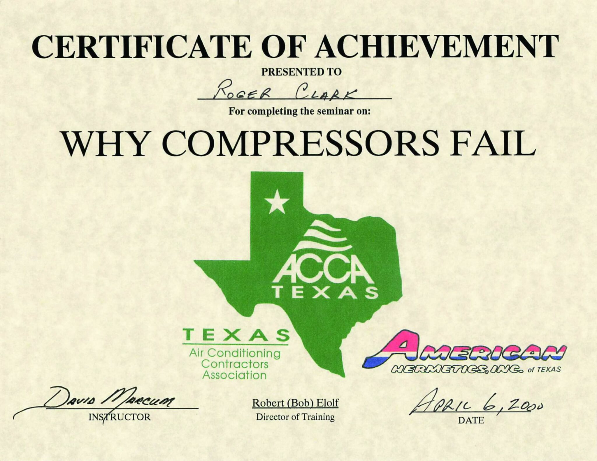 Clark Heating & Air Conditioning Certificate of Achievement Why Compressors Fail Program