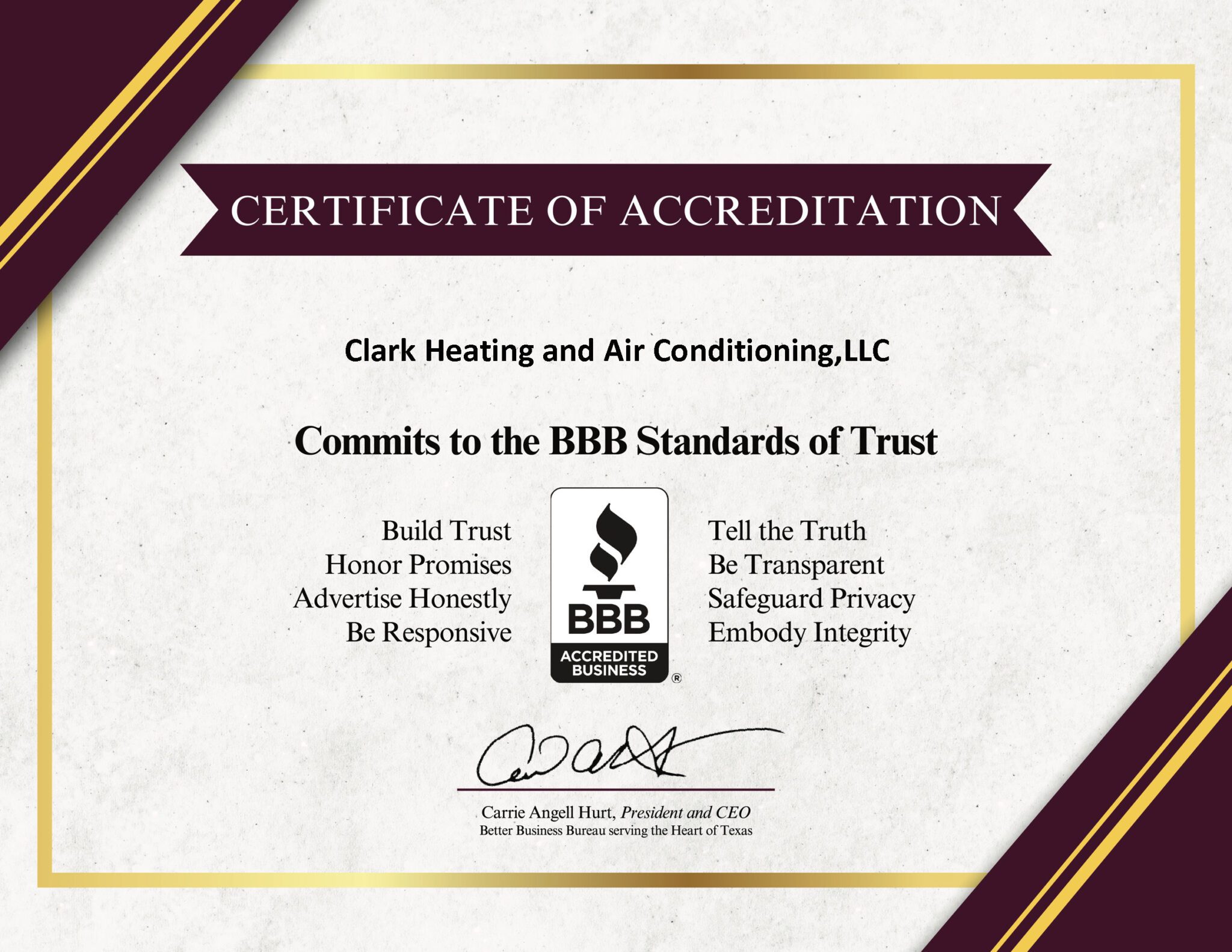 Clark Heating & Air Conditioning Waco, Texas Certification BBB Standards of Trust