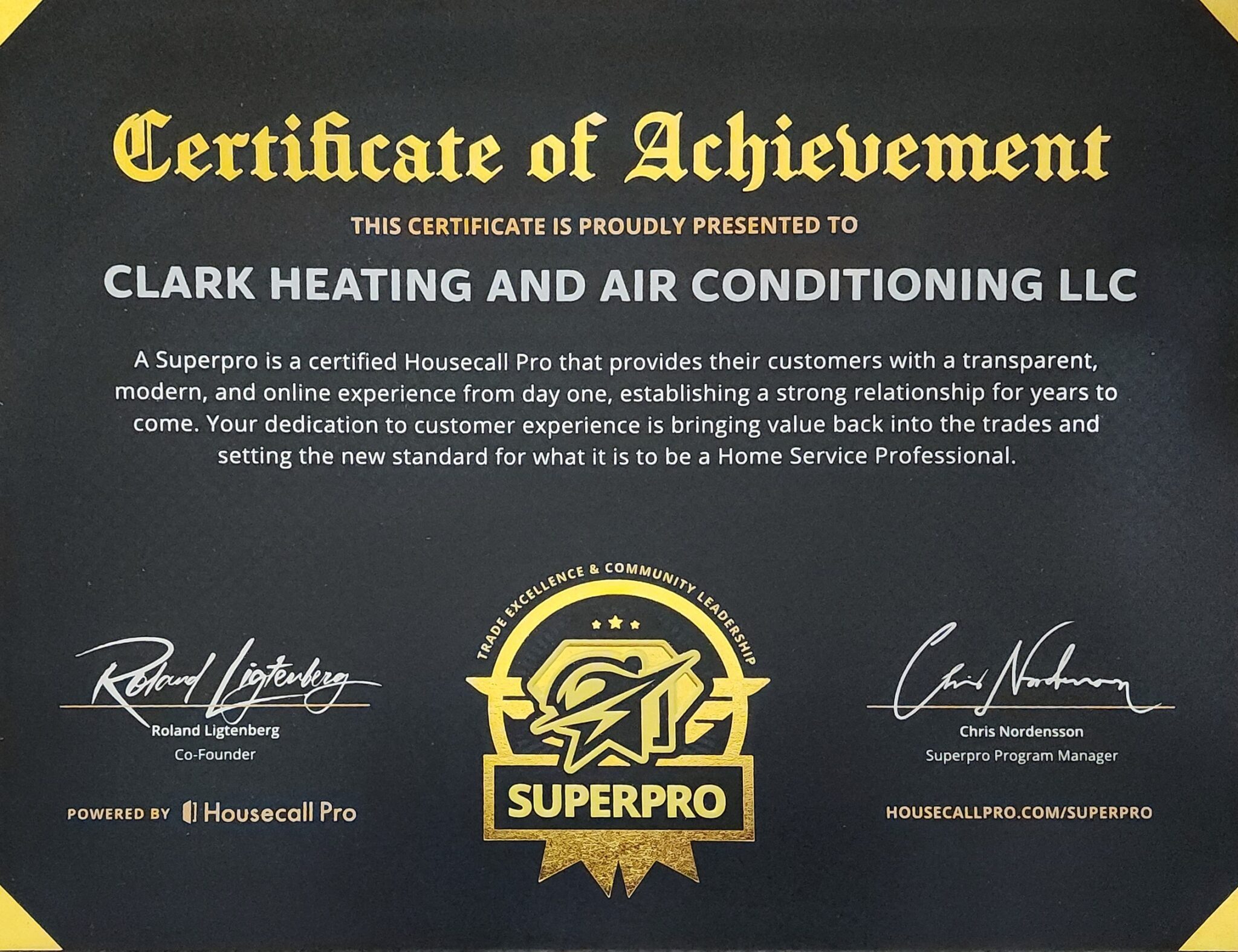 Clark Heating & Air Conditioning Waco, Texas SuperPro Certificate of Achievement