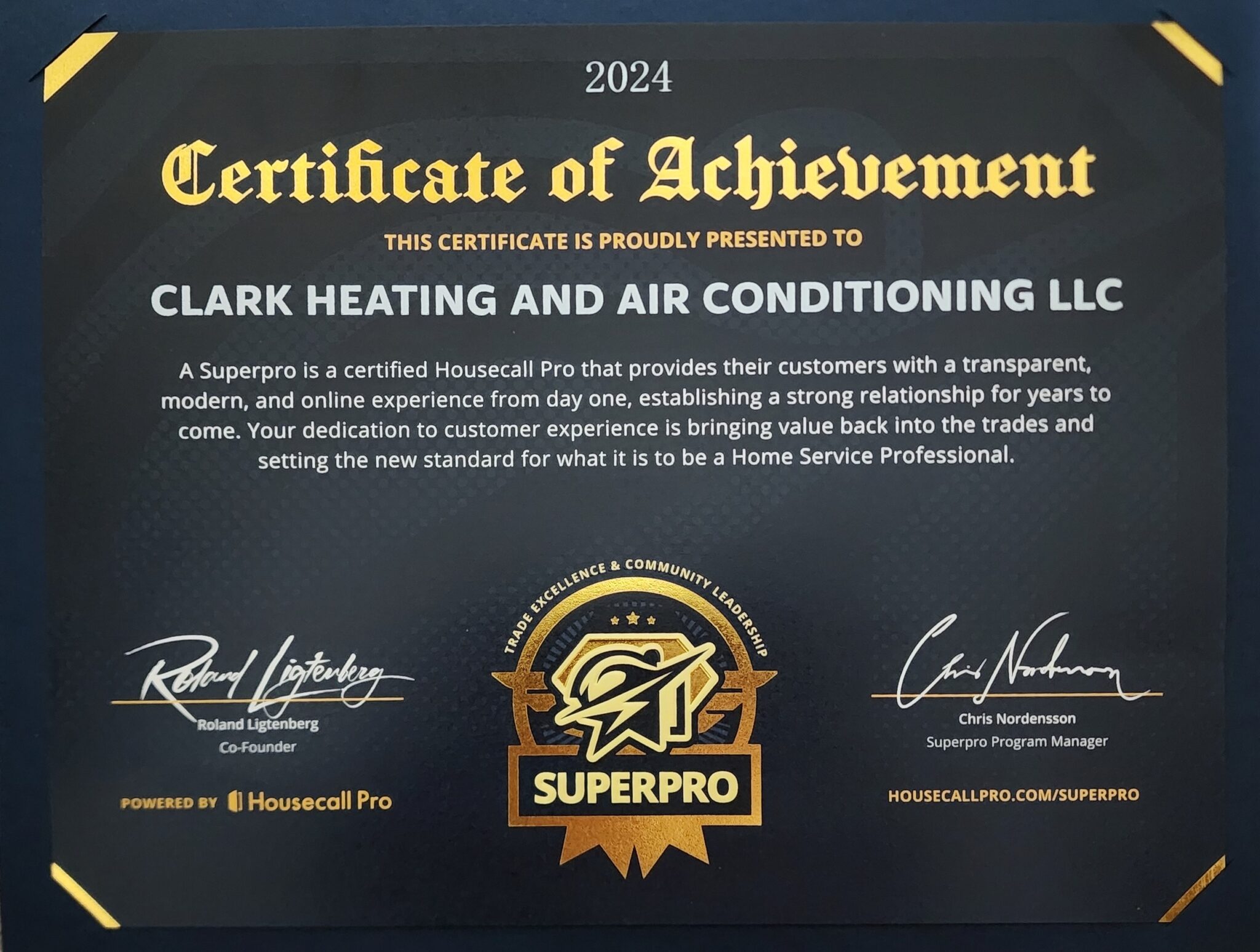 Clark Heating & Air Conditioning Waco, Texas SuperPro Certificate of Achievement 2024
